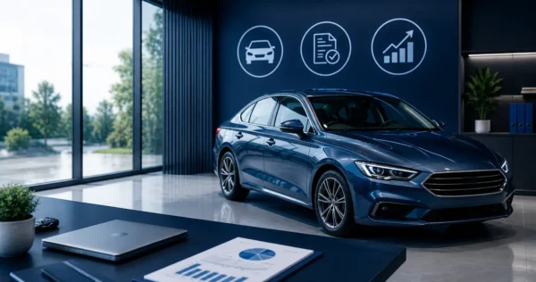 Berline bleue dans un showroom moderne, près d’un bureau avec graphiques et documents financiers sur la table.
