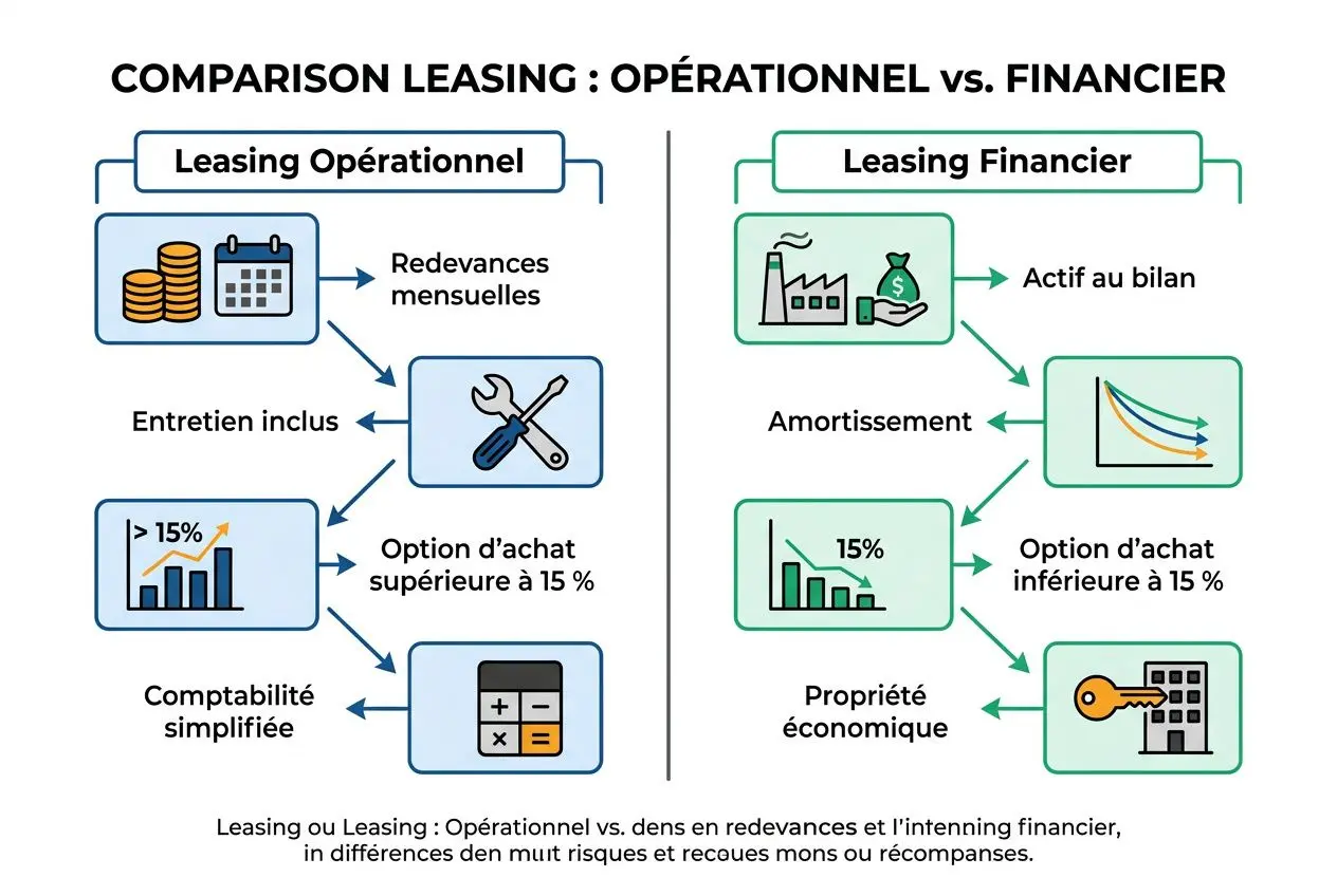 Comparaison Leasing : opérationnel vs financier pour leasing voiture indépendant Belgique, infographic en français.