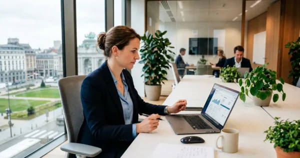 Consultante en comptabilité et fiscalité dans un bureau d'experts-comptables 100 % digital, Ficotax présente ses services depuis un espace de travail moderne avec laptop et documents.