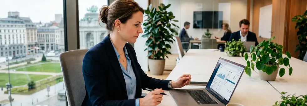 Consultante en comptabilité et fiscalité dans un bureau d'experts-comptables 100 % digital, Ficotax présente ses services depuis un espace de travail moderne avec laptop et documents.