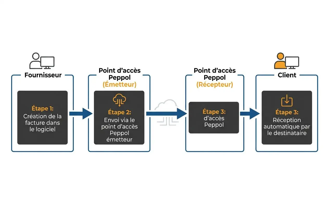 Diagramme de flux d’e-facturation belge via Peppol: fournisseur → point d’accès Peppol (Emetteur) → transmission via Peppol (Récepteur) → client, étapes claires. Integrate keyword: "facturation électronique obligatoire belgique peppol" naturally.