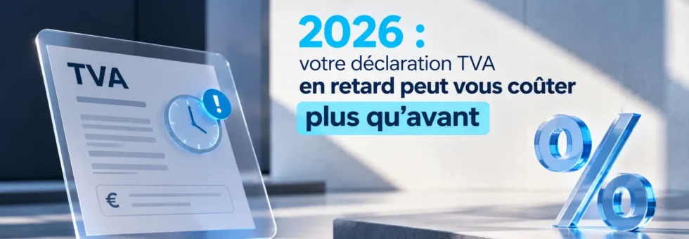 Déclaration TVA 2026 illustrant les coûts supplémentaires potentiels, avec logo Ficotax et éléments graphiques bleu et (%) en 3D.