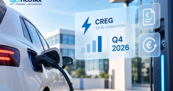 Image d’un véhicule électrique en charge, avec l’icône CREG et les indices Q4 2026, devant un bâtiment moderne. Logo FICOTAX en haut à gauche. Alt: Véhicule électrique en charge, icônes CREG et Q4 2026, façade moderne; FICOTAX, bureau d’expertise comptable et fiscale 100 % digital.