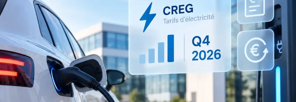 Image d’un véhicule électrique en charge, avec l’icône CREG et les indices Q4 2026, devant un bâtiment moderne. Logo FICOTAX en haut à gauche. Alt: Véhicule électrique en charge, icônes CREG et Q4 2026, façade moderne; FICOTAX, bureau d’expertise comptable et fiscale 100 % digital.